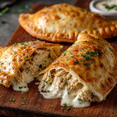 Two pieces of chicken Alfredo air fryer calzones on a wooden cutting board.