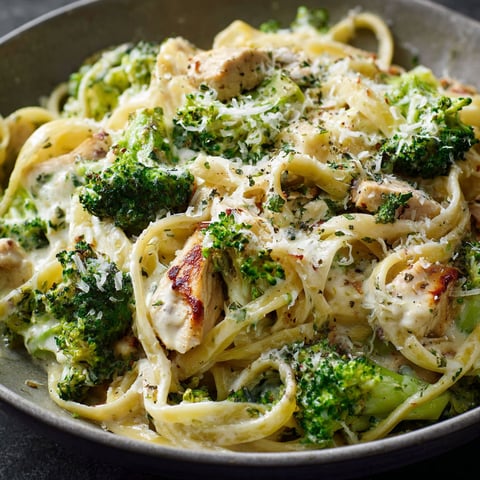 A delicious Creamy Broccoli Chicken Pasta dish is served in a bowl.