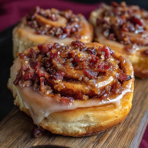 Three delicious looking cinnamon rolls with bacon and maple toppings.