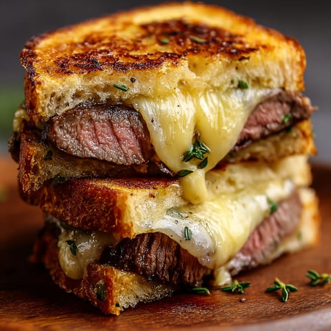 A delicious grilled cheese sandwich with steak and cheesy garlic bread.