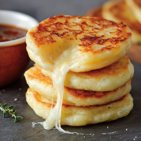 A stack of cheesy potato pancakes with a bowl of sauce nearby.