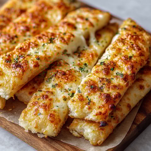 A wooden cutting board holds a delicious homemade cheesy breadsticks recipe.