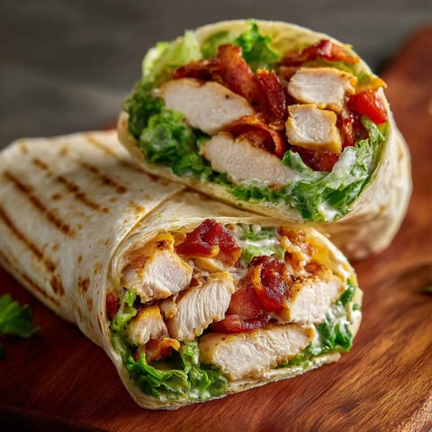 A Chicken Bacon Wrap is displayed on a wooden cutting board.