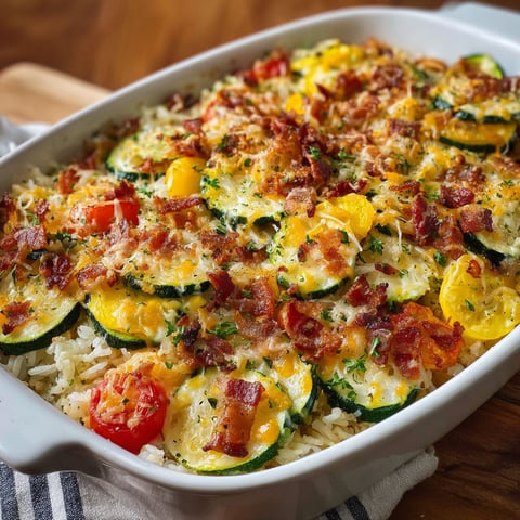 A dish of Loaded Zucchini Squash and Rice Bake is displayed on a wooden table.