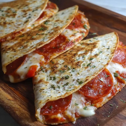 Two slices of pepperoni cheese quesadilla on a wooden cutting board.