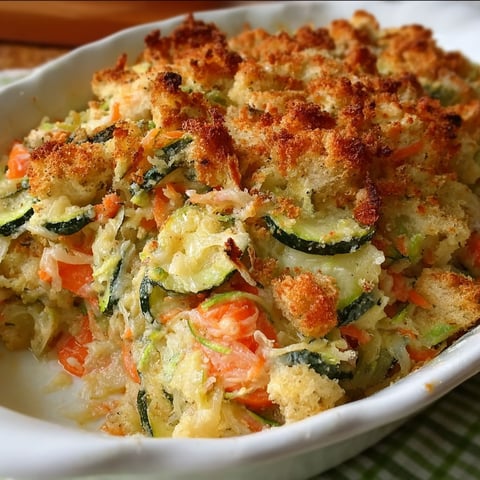 A delicious zucchini casserole with stuffing mix, ready to be served.