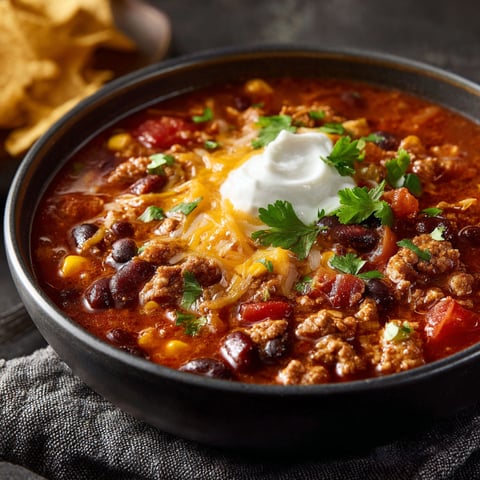 A bowl of Ranch Taco Soup with a dollop of sour cream on top.