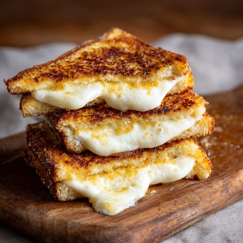 A stack of three grilled cheese sandwiches with melted cheese and caramelized edges.