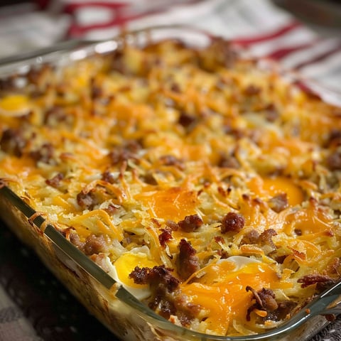 A delicious Sausage Egg Hashbrown Bake is ready to be served.