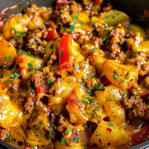 A delicious Cheesy Beef & Potato Skillet is ready to be served.