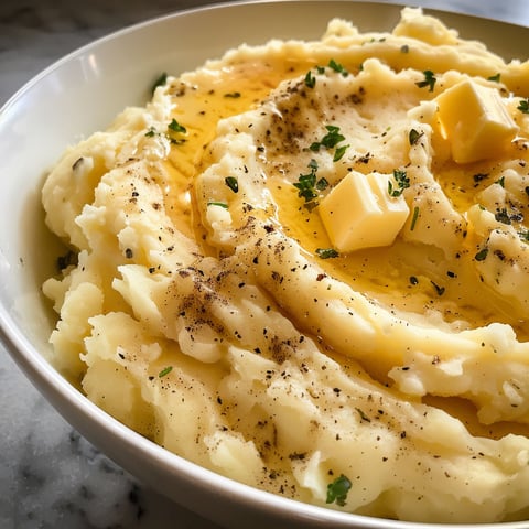 A bowl of mashed potatoes with brown butter drizzled on top.