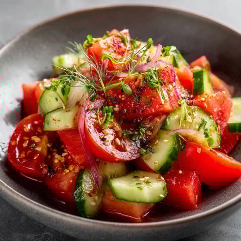A bowl of freshly prepared Tomato Cucumber Salad, featuring a mix of cucumbers, tomatoes, and herbs.