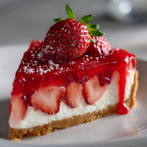 A slice of creamy strawberry Jello pie with a strawberry on top.
