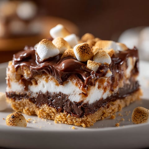 A slice of S'mores bars with chocolate and marshmallows on a plate.