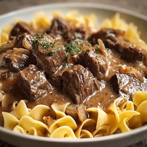 A bowl of beef tips and noodles, served in a crockpot.