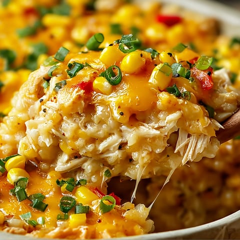 A close up of a delicious street corn chicken casserole, with a wooden spoon ready to serve.