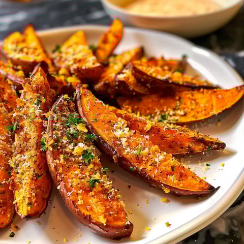 A plate of garlic Parmesan sweet wedges, ready to be enjoyed.