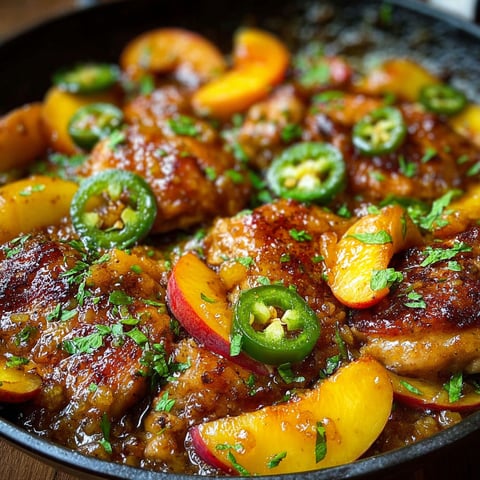 A delicious Jalapeño Peach Chicken dish is served in a black pan, with peaches and chicken pieces cooked together.