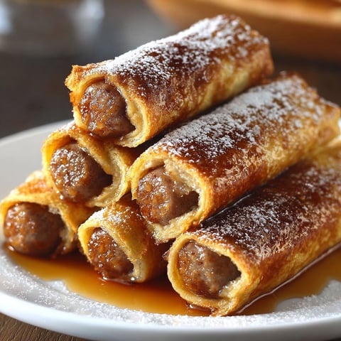 A plate of sausage French toast roll-ups with powdered sugar on top.