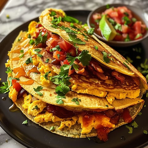 A plate of Savory Pancake Tacos, topped with tomatoes, onions, and bacon.