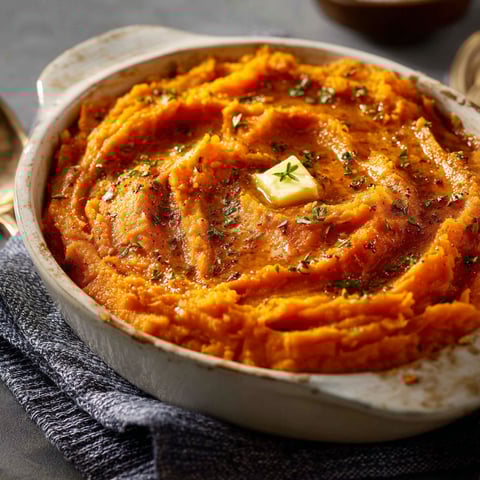 A dish of sweet potatoes with a dollop of butter and honey on top.