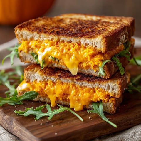 A sandwich made with cheddar cheese and pumpkin is displayed on a wooden cutting board.