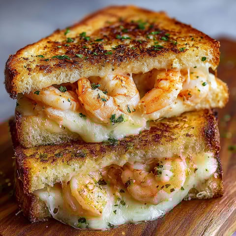 A close up of a delicious grilled cheese sandwich with shrimp and garlic.