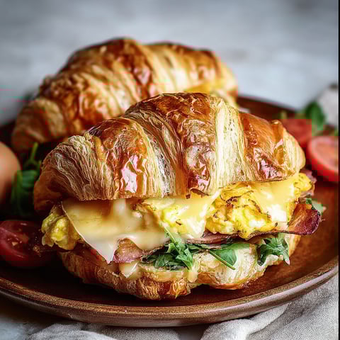 A delicious croissant breakfast sandwich is served on a plate.
