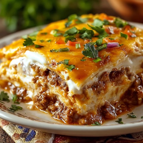 A delicious Baked Burrito Casserole is served on a white plate.