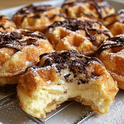 A plate of Crispy Cheesecake Cookie Croffles with chocolate drizzle on top.
