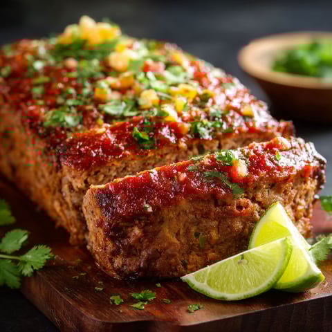 A delicious Mexican Meatloaf is served on a wooden cutting board with a side of limes and a bowl of green herbs.
