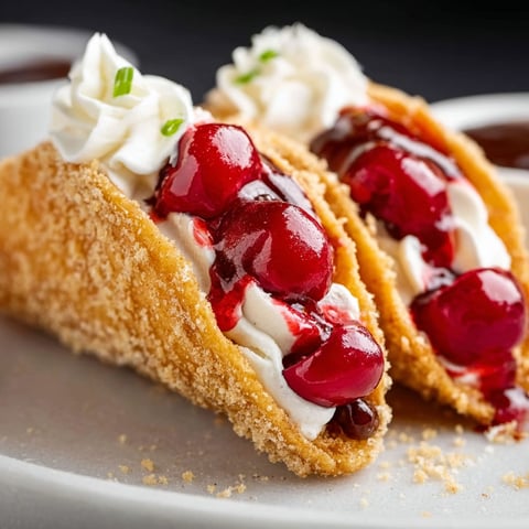 A plate of cherry cheesecake tacos with whipped cream on top.
