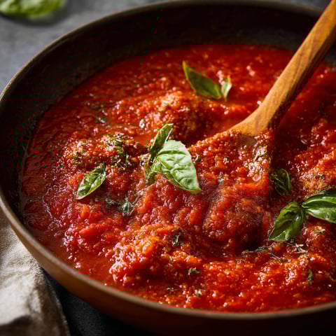 A bowl of Italian Sunday Sauce with a wooden spoon in it.