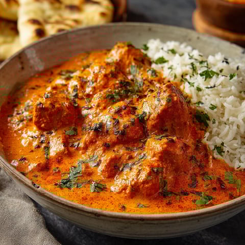 A bowl of butter chicken with rice and spices.