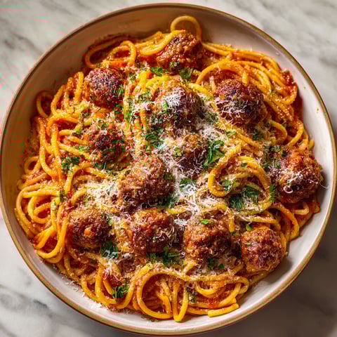 A delicious plate of Baked Spaghetti and Meatballs.