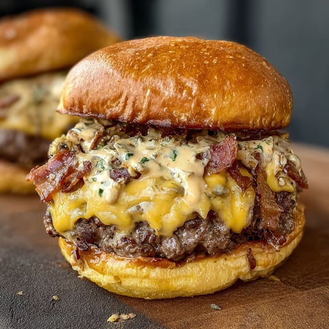 A close up of a smash burger with baconnaise .