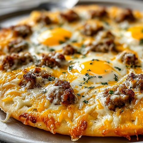 A delicious Gravy Breakfast Pizza with eggs, sausage, and cheese.