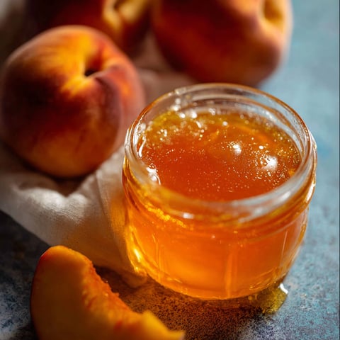 A jar of peach syrup sits on a table next to peaches.