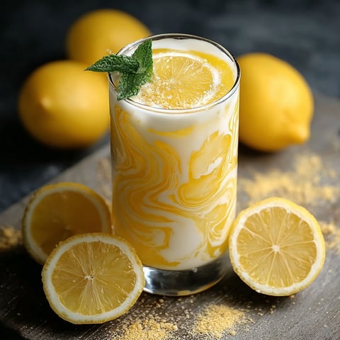 A glass of Condensed Milk Lemonade is garnished with lemon slices and mint leaves.