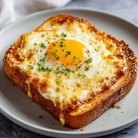 A slice of toast with a fried egg and cheese on top, served on a plate.
