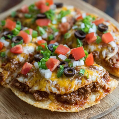 A delicious Mexican pizza with cheese, tomatoes, and olives on a wooden platter.