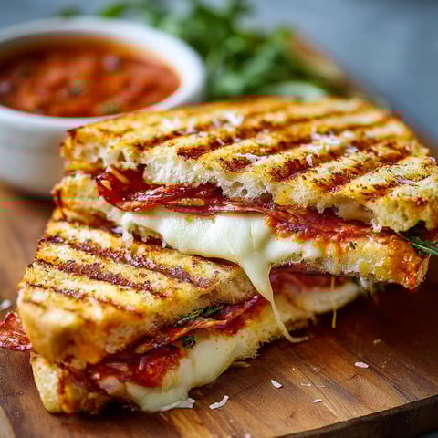 A delicious pizza panini sandwich with cheese and tomato sauce on a wooden cutting board.