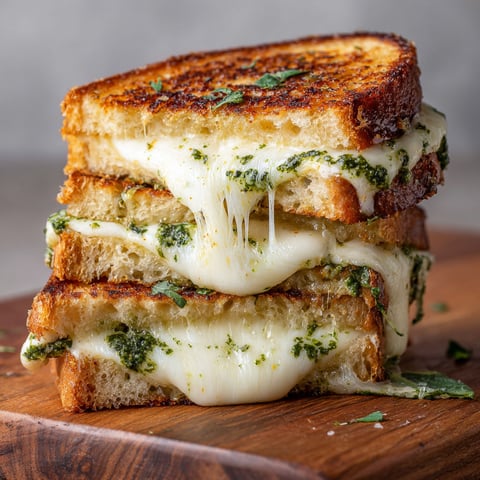 A stack of grilled cheese sandwiches with pesto and mozzarella cheese.