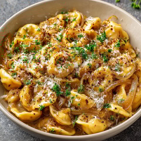 A bowl of French Onion Pasta Recipe with a generous amount of cheese and herbs.