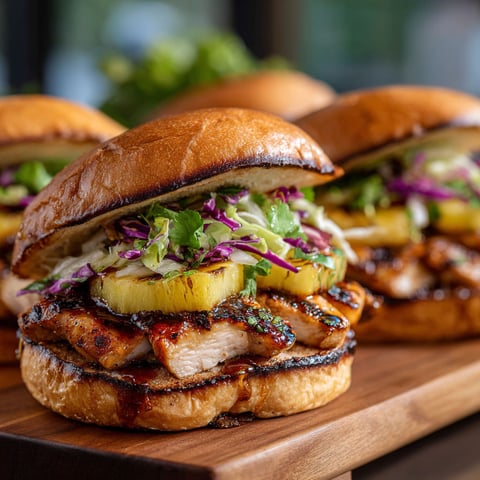 A delicious grilled Hawaiian chicken sandwich with pineapple and purple cabbage.