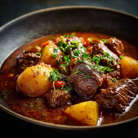 A delicious hearty beef and potato stew is served in a bowl, ready to be enjoyed.