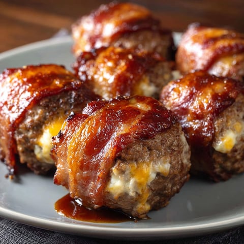 A plate of Cheddar-Stuffed BBQ Bacon is displayed on a table.