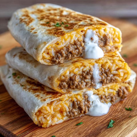 A stack of three cheesy taco bell quesaritos on a wooden cutting board.