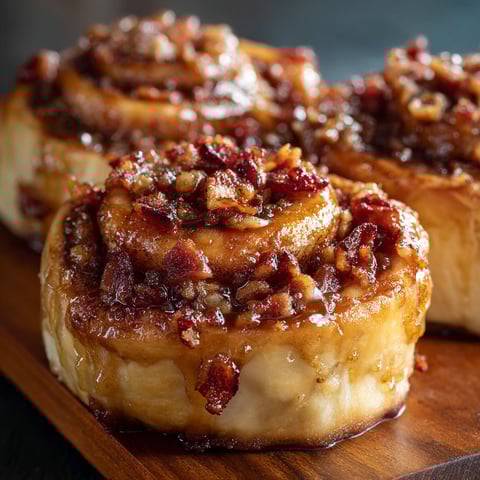 Three delicious looking cinnamon rolls with a maple glaze and bacon toppings.
