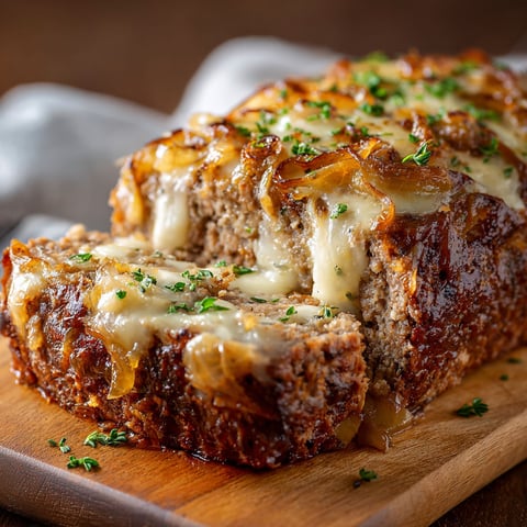 A slice of Crockpot French Onion Beefloaf is served on a wooden cutting board.